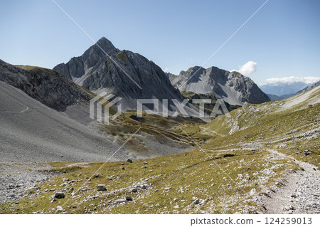 Stempeljoch Wilde Bande Steig at Karwendel mountains on Karwendel Hohenweg, Austria 124259013