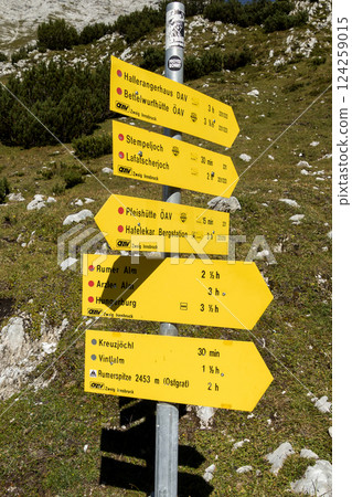 Signs at Wilde Bande Steig at Karwendel mountains on Karwendel Hohenweg, Austria Signs at Wilde Bande Steig at Karwendel mountains on Karwendel Hohenweg, Austria 124259015