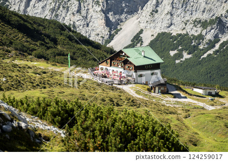 Pfeis hut, Pfeishutte at Karwendel mountains on Karwendel Hohenweg, Austria 124259017