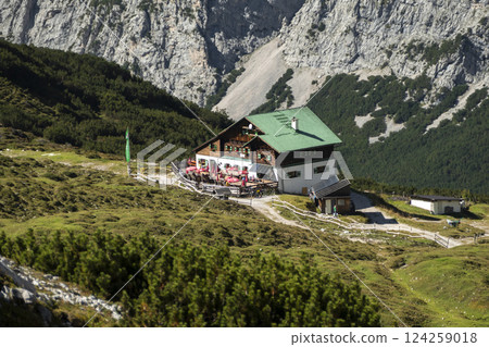 Pfeis hut, Pfeishutte at Karwendel mountains on Karwendel Hohenweg, Austria Pfeis hut, Pfeishutte at Karwendel mountains on Karwendel Hohenweg, Austria 124259018
