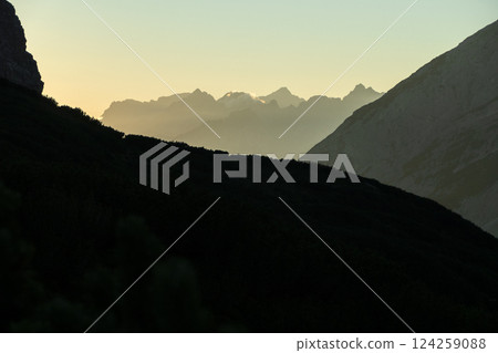 Sunset at Karwendel mountains on Karwendel Hohenweg, Austria 124259088