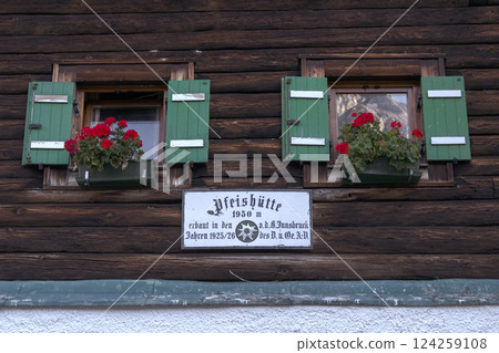 Pfeis hut, Pfeishutte at Karwendel mountains on Karwendel Hohenweg, Austria Pfeis hut, Pfeishutte at Karwendel mountains on Karwendel Hohenweg, Austria 124259108