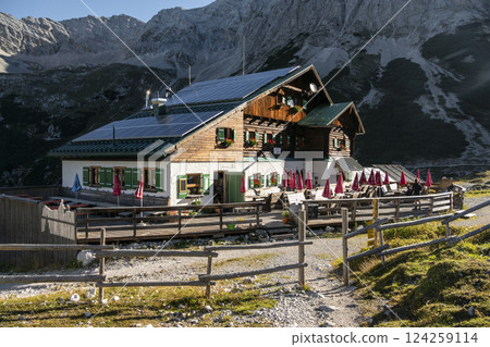 Pfeis hut, Pfeishutte at Karwendel mountains on Karwendel Hohenweg, Austria Pfeis hut, Pfeishutte at Karwendel mountains on Karwendel Hohenweg, Austria 124259114