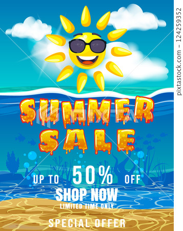 Summer Sale poster Sun cartoon character, palms underwater 124259352