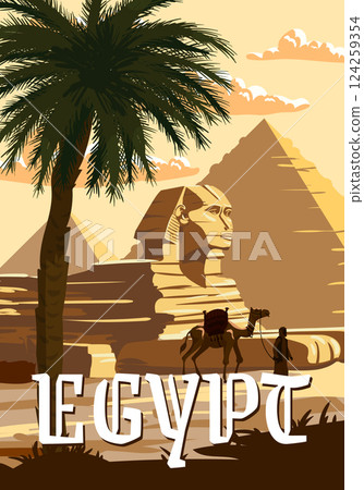 Vintage Poster Ancient Egypt Pharaoh Pyramids Sphinx . Travel to Egypt Country, Sahara desert, camel with egyptian. Retro card illustration vector 124259354