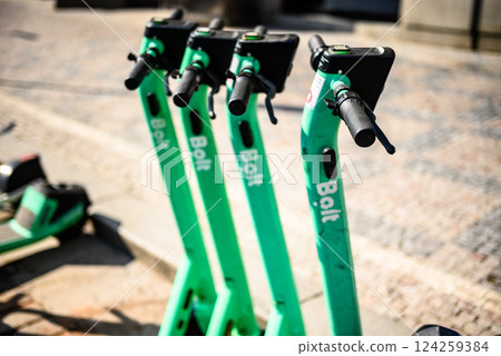 Selective focus on Bolt electric scooters parked in historic centre of Prague, capital of Czech Republic 124259384