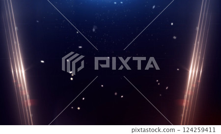 Golden elegant celebration event modern background. Ceremony award luxury gold light sparkling particles and glitter. Light ray glowing shimmering radiance. 124259411