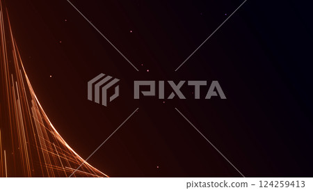 Abstract orange neon glowing lines flows up with shiny particles on dark gradient backgrround. Futuristic blank space screensaver Abstract orange neon glowing lines flows up with shiny particles on dark gradient backgrround. Futuristic blank space screensaver 124259413