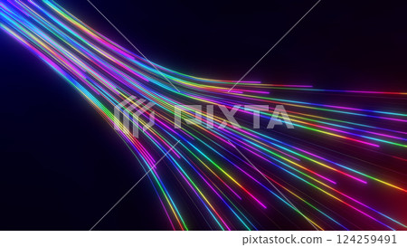 Neon glowing lines flow on dark digital background. RGB data tech concept. Virtual reality dynamic colorful lights flow. Futuristic cyberspace concept. Abstract connection illustration. Neon glowing lines flow on dark digital background. RGB data tech concept. Virtual reality dynamic colorful lights flow. Futuristic cyberspace concept. Abstract connection illustration. 124259491