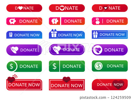 Colorful Donation Buttons Set. Gradient and Flat Styles with Heart, Hand, Dollar, Gift Icons in a vector illustration 124259509