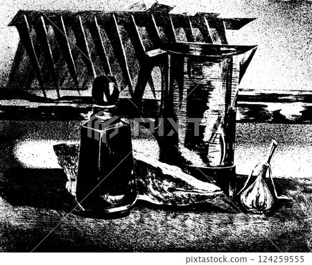 Still life with fish and a kettle. Still life with fish and a kettle. 124259555