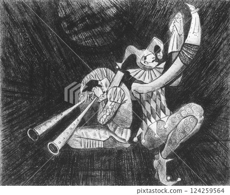 Actors with dolls. Theater stage. Hand-drawn lithography 124259564