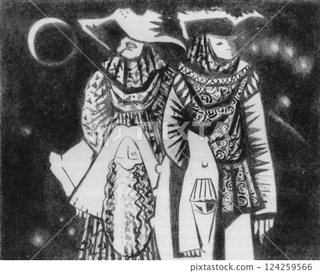 People and Puppets. Actors with dolls. Theatre stage. Hand-drawn lithography People and Puppets. Actors with dolls. Theatre stage. Hand-drawn lithography 124259566