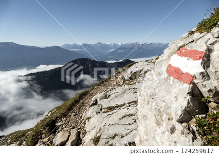 Stempeljoch Wilde Bande Steig at Karwendel mountains on Karwendel Hohenweg, Austria 124259617