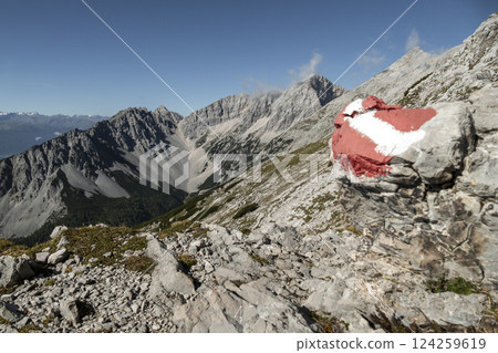 Stempeljoch at Karwendel mountains on Karwendel Hohenweg in Austria Stempeljoch at Karwendel mountains on Karwendel Hohenweg in Austria 124259619