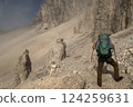 Mountaineer at Eppzirler Scharte, Karwendel mountains, Solsteinhaus hut on Karwendel Hohenweg, Austria 124259631