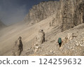 Mountaineer at Eppzirler Scharte, Karwendel mountains, Solsteinhaus hut on Karwendel Hohenweg, Austria 124259632