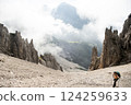 Mountaineer at Eppzirler Scharte, Karwendel mountains, Solsteinhaus hut on Karwendel Hohenweg, Austria 124259633