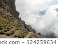 Mountaineer at Eppzirler Scharte, Karwendel mountains, Solsteinhaus hut on Karwendel Hohenweg, Austria 124259634