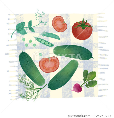 Vegetable composition: tomatoes, cucumbers, radishes, peas, dill on a tablecloth. 124259727