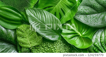 A lush composition of diverse green leaves creates a vibrant, natural texture. Perfect for backgrounds or botanical themes 124259770