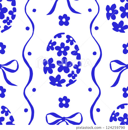 Seamless Easter pattern in vintage style. Vector blue eggs, bows and ribbons 124259790