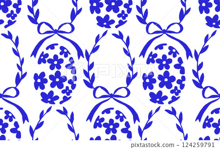 Seamless Easter pattern in vintage style. Vector blue eggs, bows and ribbons 124259791