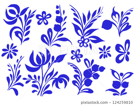 vector set of blue ornaments in Russian style. drawing for porcelain painting vector set of blue ornaments in Russian style. drawing for porcelain painting 124259810