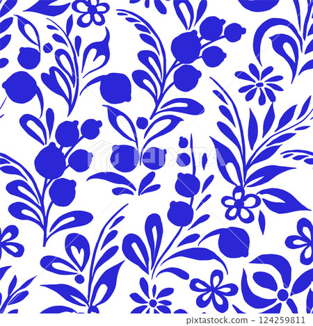 vector seamless pattern of blue ornaments in Russian style. porcelain painting pattern 124259811