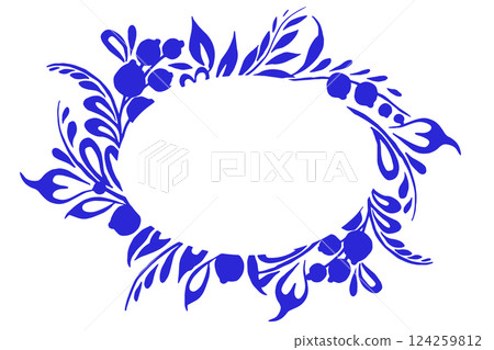 Vector oval frame of blue ornaments in Russian style. Drawing for porcelain painting. Vector oval frame of blue ornaments in Russian style. Drawing for porcelain painting. 124259812