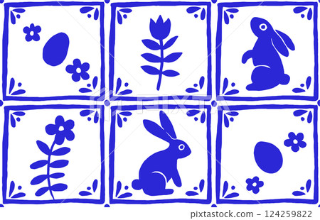 Easter vector seamless pattern in vintage style. Tile with blue Easter bunnies and flowers. 124259822