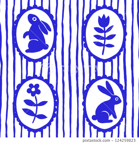 Easter vector seamless pattern in vintage style with blue rabbits and wild flowers Easter vector seamless pattern in vintage style with blue rabbits and wild flowers 124259823