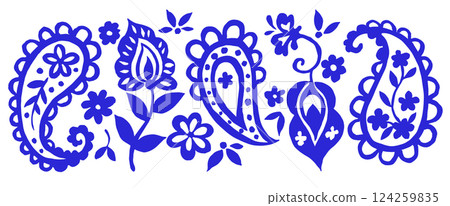 vector set with oriental paisley ornaments in blue on white background 124259835