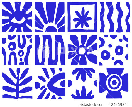 vector illustration, set of tiles with abstract blue modern ornaments, eyes and flowers. vector illustration, set of tiles with abstract blue modern ornaments, eyes and flowers. 124259843