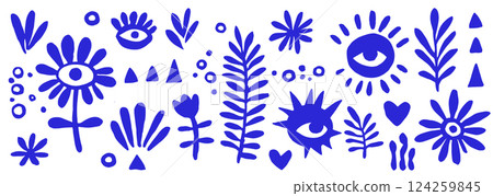 vector illustration, set of abstract blue modern ornament elements, eyes and flowers. 124259845