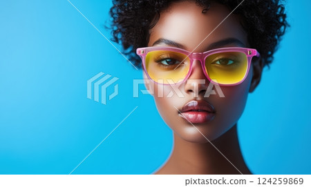 A young woman with short, curly hair, yellow sunglasses, set against a blue background A young woman with short, curly hair, yellow sunglasses, set against a blue background 124259869