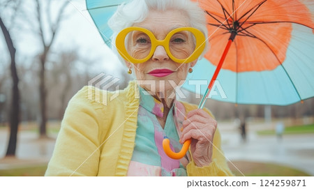 An older woman with white hair and oversized yellow glasses, wearing a pastel-colored outfit An older woman with white hair and oversized yellow glasses, wearing a pastel-colored outfit 124259871