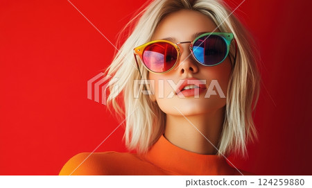 A young woman with platinum blonde hair, wearing colorful sunglasses 124259880