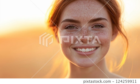 A minimalist portrait of a smiling woman with freckles and light makeup 124259911