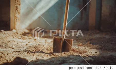 Labour Day. Old shovel in dusty construction site Labour Day. Old shovel in dusty construction site 124260010