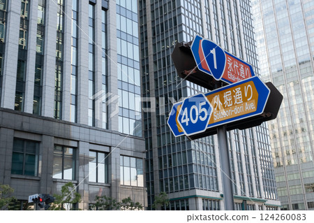 Scenery of a city intersection with road signs 124260083