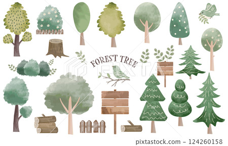 森林樹木插圖素材集（鬆散的水彩觸感） 124260158