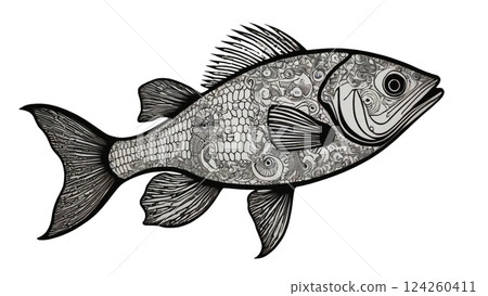 精美的黑白魚插畫,線條粗獷,魚鰭流暢 精美的黑白魚插畫,線條粗獷,魚鰭流暢 124260411