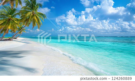 A tropical island with palm trees / A tropical landscape with blue sea and white sand 124260889