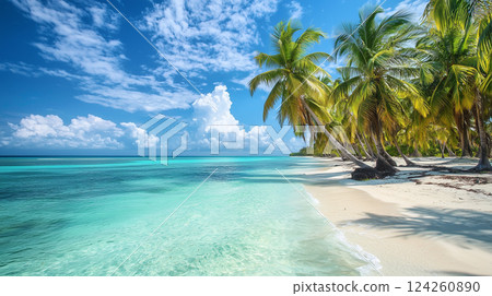 A tropical island with palm trees / A tropical landscape with blue sea and white sand 124260890
