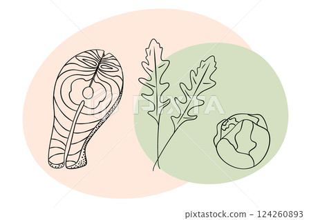 Freehand Outline Salmon steak Brussels Sprout Head Arugula Abstract spot Healthy food highlight idea 124260893