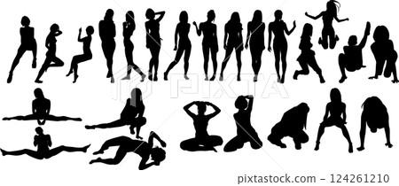 Silhouette illustration set of women in swimsuits posing 124261210
