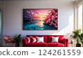 Red sofa and white wall room wallpaper 124261559