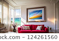 Red sofa and white wall room wallpaper 124261560