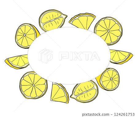 Lemon slice oval frame vector drawing. Hand drawn summer illustration. graphic line ink yellow illustration for packaging, tea, juice, natural cosmetics, lemonade Lemon slice oval frame vector drawing. Hand drawn summer illustration. graphic line ink yellow illustration for packaging, tea, juice, natural cosmetics, lemonade 124261753